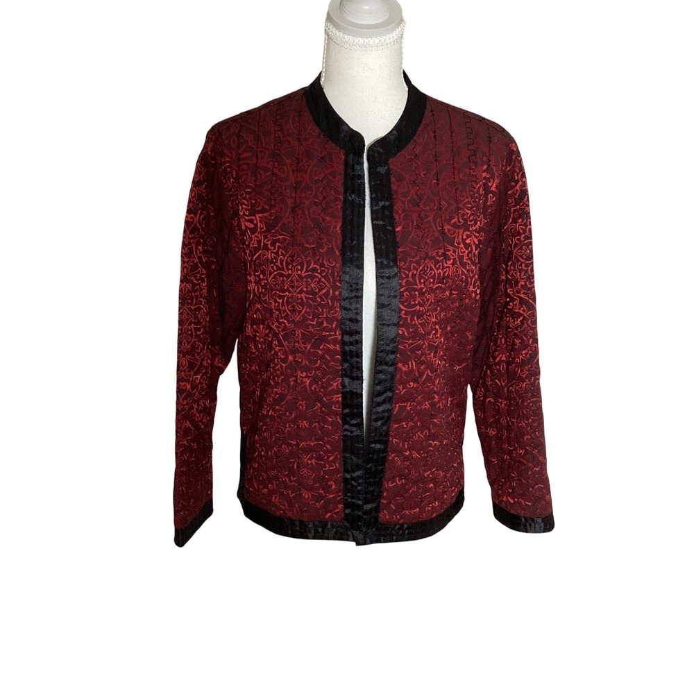 Alfred Dunner Damasked Brocade Quilted Jacket Women MP Red Black Festive Blazer